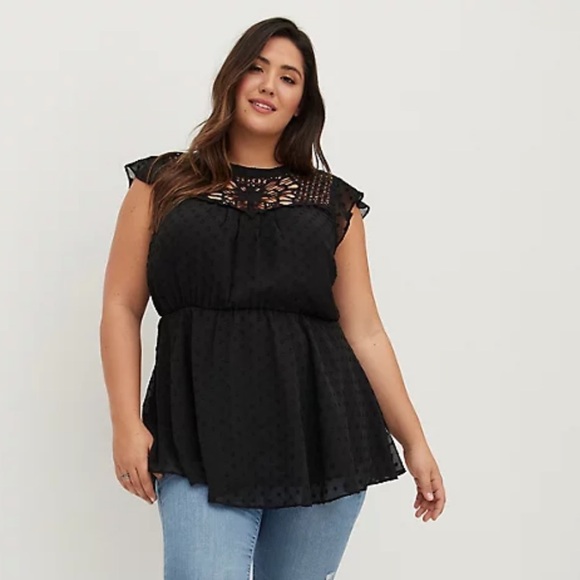 torrid Tops - Torrid Clip Dot Chiffon Black Peplum Tunic